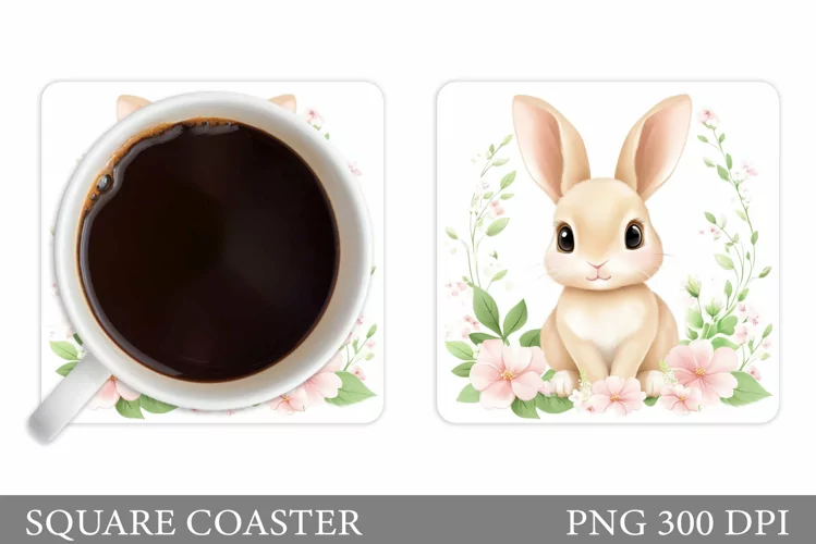 Cute Bunny Coaster. Bunny Flowers Coaster Sublimation