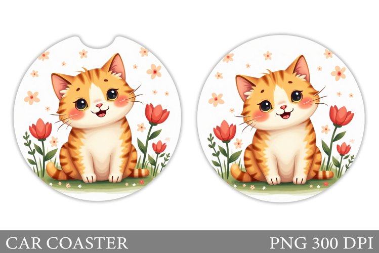 Cute Cat Car Coaster. Cat Flowers Car Coaster Sublimation example image 1