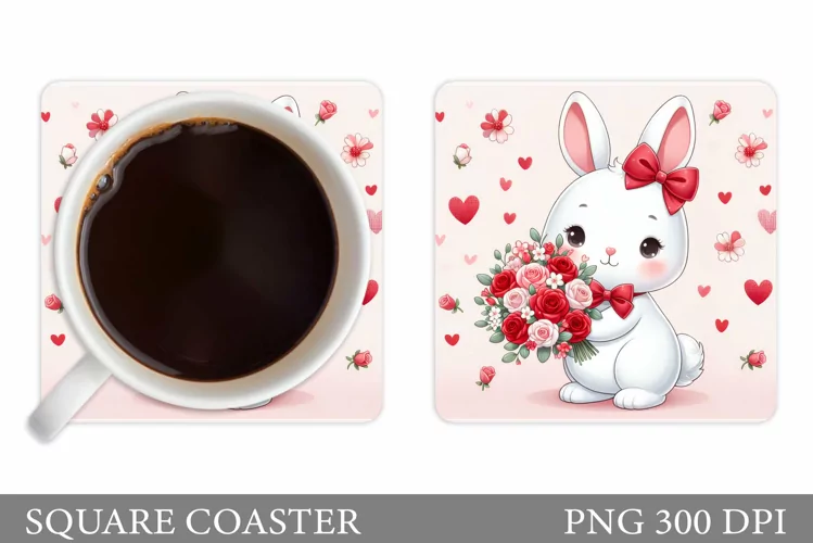 Valentines Bunny Coaster. Cute Bunny Coaster Sublimation