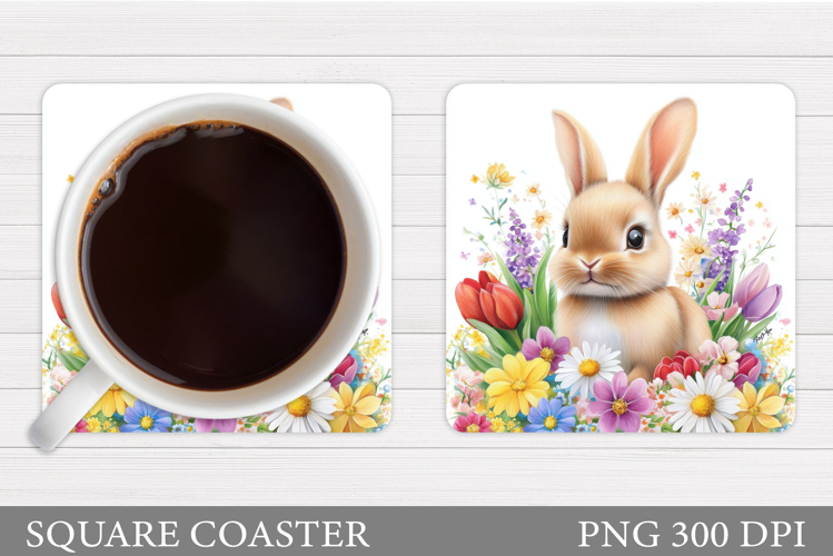 Cute Bunny Coaster. Bunny Flowers Coaster Sublimation