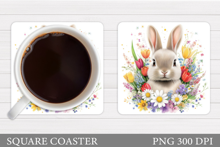 Cute Bunny Coaster. Bunny Flowers Coaster Sublimation