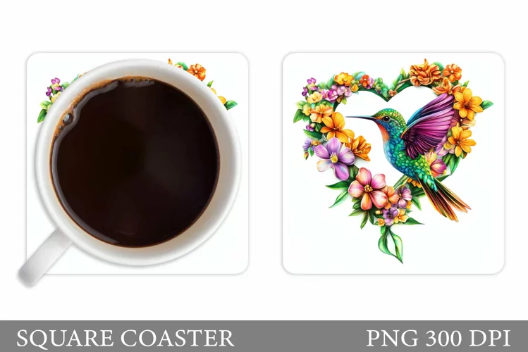 Hummingbird Coaster Design. Bird Flowers Square Coaster