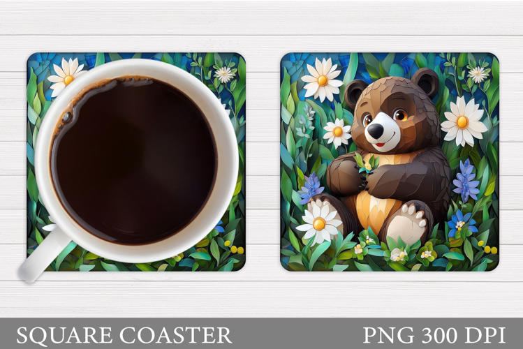 Bear Coaster Sublimation. Bear Flowers Coaster Design