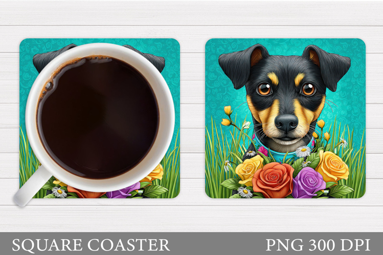 Cute Dog Coaster Sublimation. Dog Flowers Coaster Design