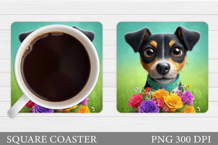 Cute Dog Coaster Sublimation. Dog Flowers Coaster Design