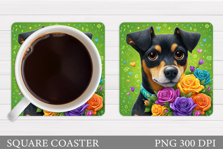 Cute Dog Coaster Sublimation. Dog Flowers Coaster Design