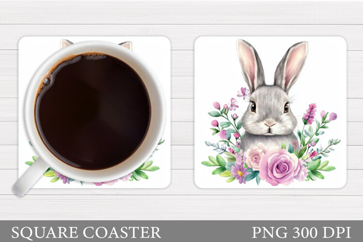 Cute Bunny Coaster Design. Bunny Flowers Coaster Sublimation example image 1