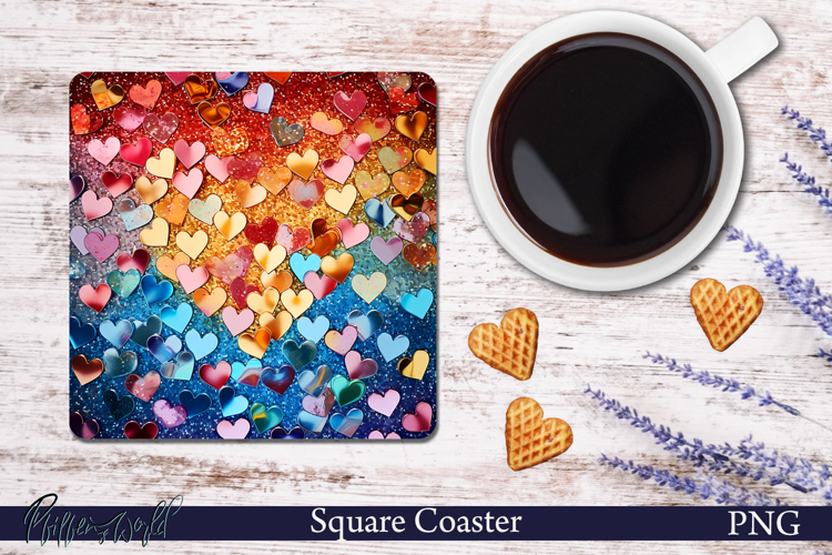 Sparkling Heart Square Coaster | Colorful hearts