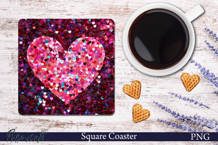 Sparkling Heart Square Coaster | Pink heart