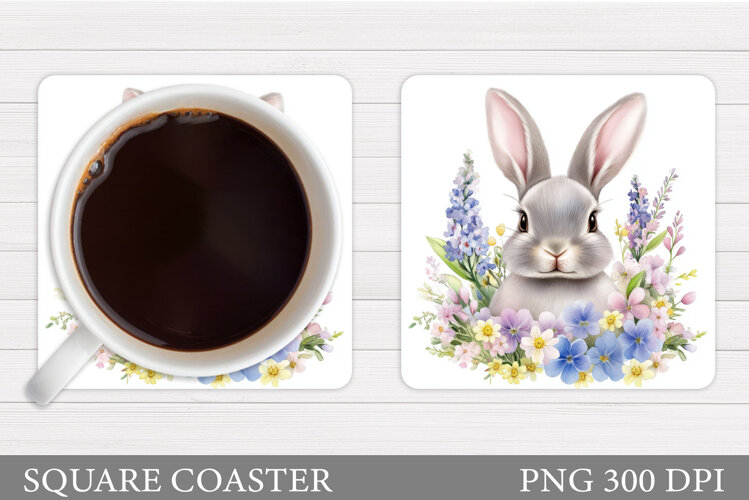 Cute Bunny Coaster Design. Bunny Flowers Coaster Sublimation example image 1