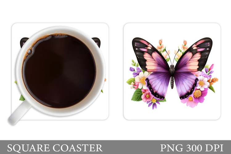 Butterfly Coaster Sublimation. Butterfly Flowers Coaster