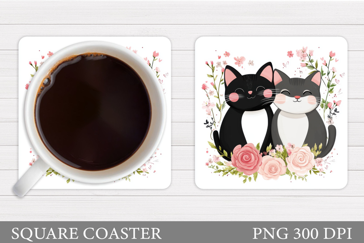 Cute Cats Coaster Design. Cat Flowers Coaster Sublimation