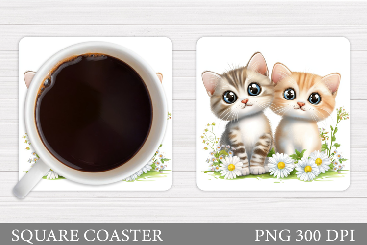 Cute Cats Coaster Design. Cat Flowers Coaster Sublimation