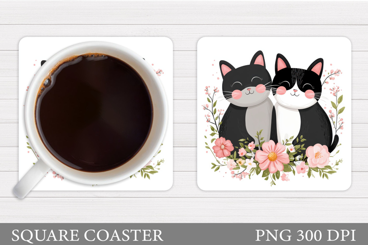 Cute Cats Coaster Design. Cat Flowers Coaster Sublimation