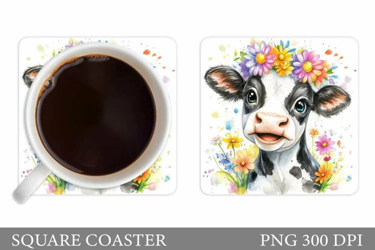 Cute Cow Coaster Design. Cow Flowers Coaster Sublimation