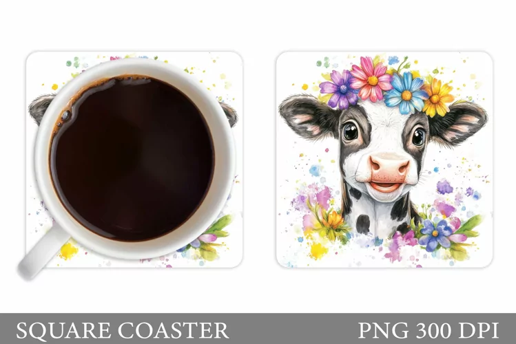 Cute Cow Coaster Design. Cow Flowers Coaster Sublimation