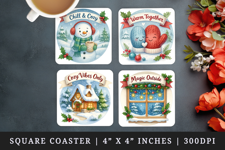 Cozy Christmas square coaster sublimation design