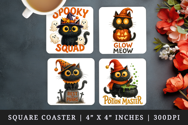 Halloween black cat quote square coaster sublimation design