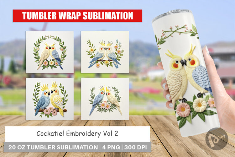 Tumbler Cockatiel Embroidery example image 1
