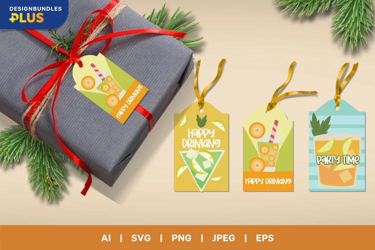 Cocktails Gift Tags Set of 3, Happy Drinking & Party Time