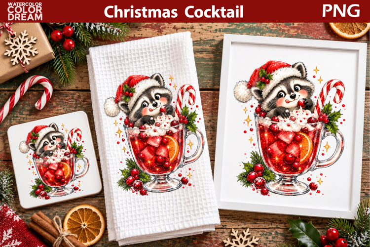 Christmas Cocktail Clipart | Cute Raccoon Sublimation