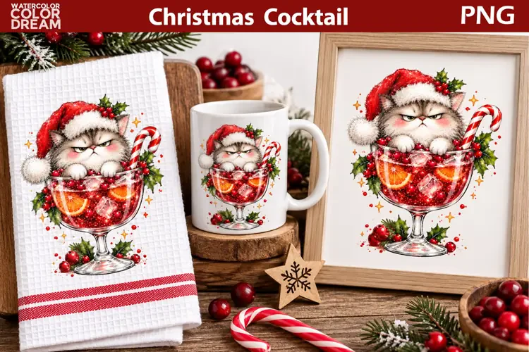 Christmas Cocktail Clipart | Grumpy Christmas Cat