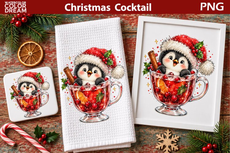 Christmas Penguin Cocktail | Holiday Animal Sublimation example image 1
