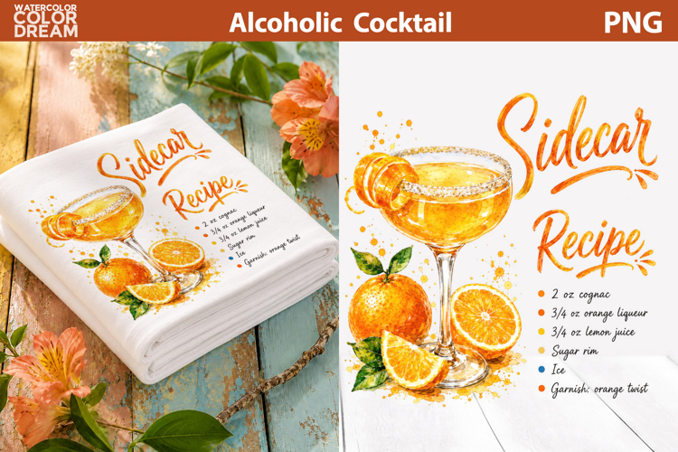 Sidecar Cocktail Clipart | Classic Cognac Drink Sublimation
