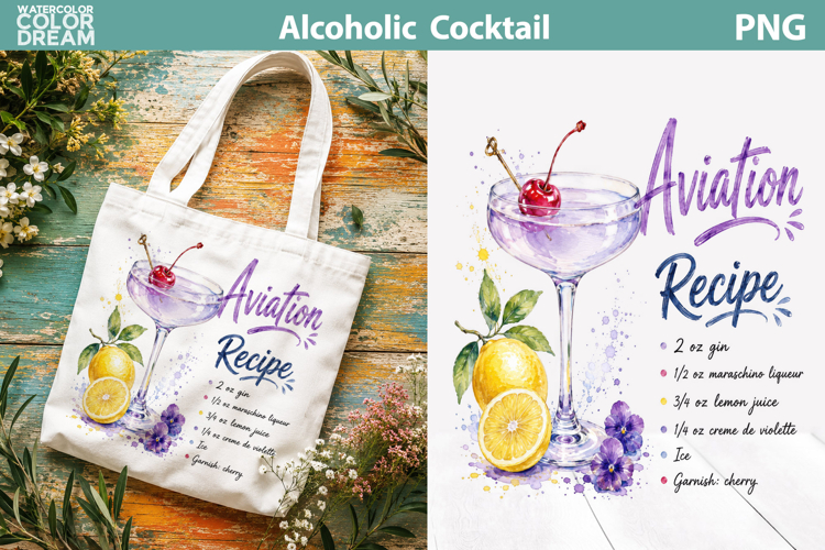 Aviation Watercolor Cocktail | Gin Recipe Sublimation Art