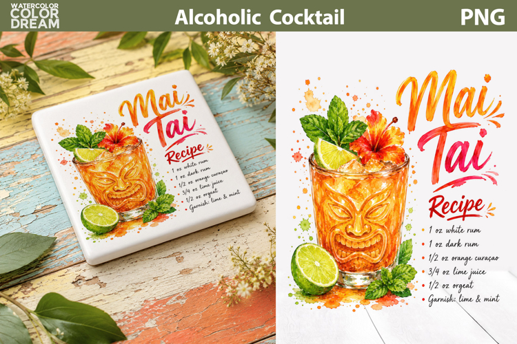 Mai Tai Watercolor Cocktail | Tiki Drink Recipe Print