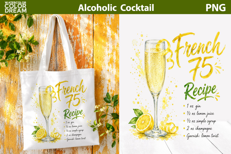 French 75 Cocktail PNG | Lemon Drink Sublimation Art