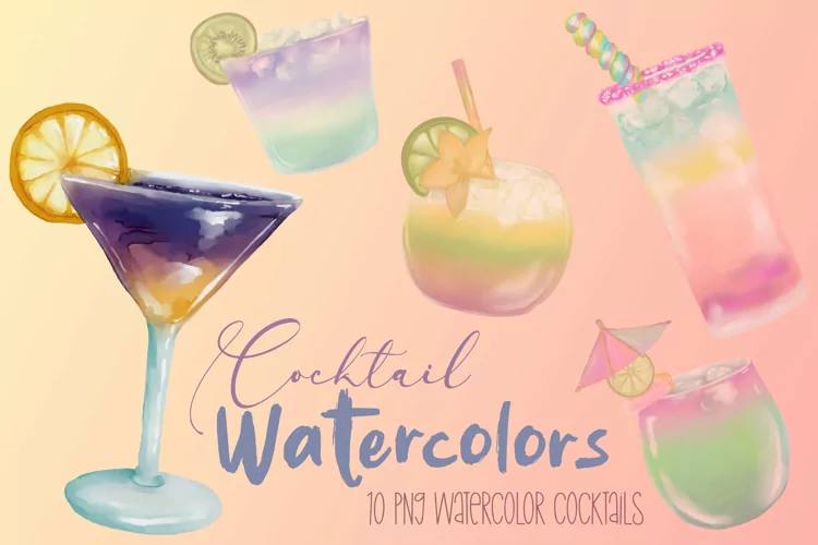 Cocktail Watercolors| 10 PNG watercolor cocktail clipart