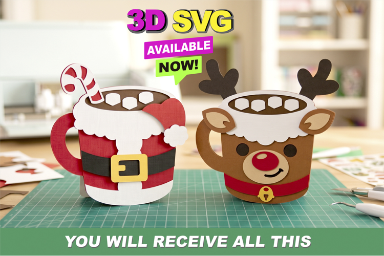 Cute Christmas Cocoa Mugs 3D SVG