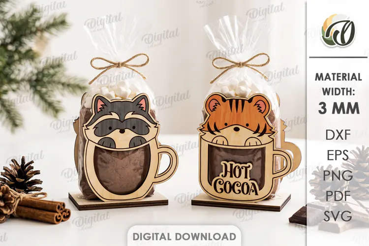 Animal Cocoa Cup Gift Holders Laser Cut. Cocoa Holder SVG