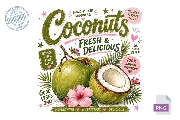 Coconut Fresh Tropical Sublimation PNG Design File