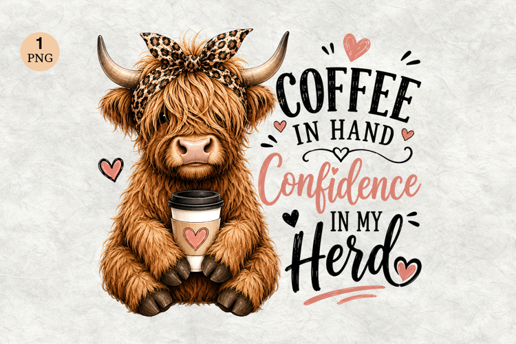 Coffee & Confidence Highland Cow PNG