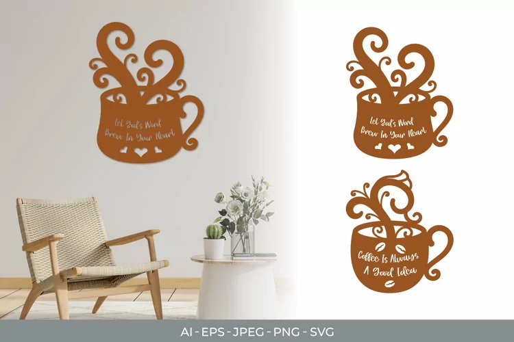 Coffee Quotes on Cups with Curly Wisps of Steam Set