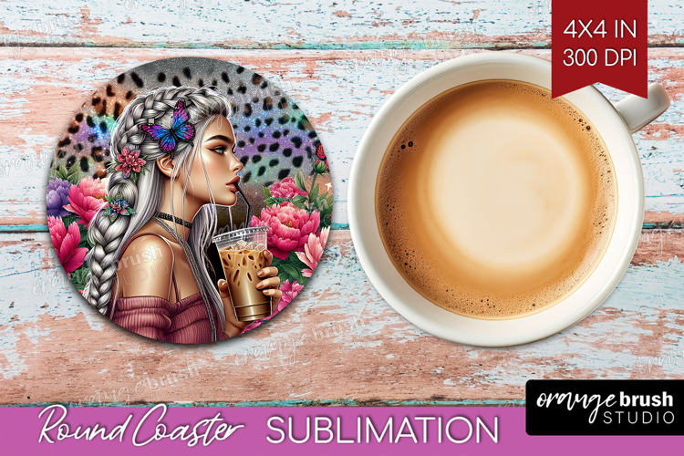 Floral Girl Round Coaster - Coffee Lover Coaster PNG