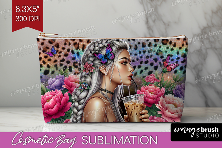 Floral Girl Cosmetic Bag - Coffee Lover Makeup Bag PNG