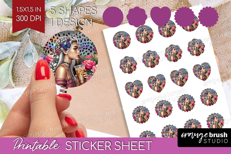 Floral Girl Round Sticker - Coffee Lover Printable Sticker