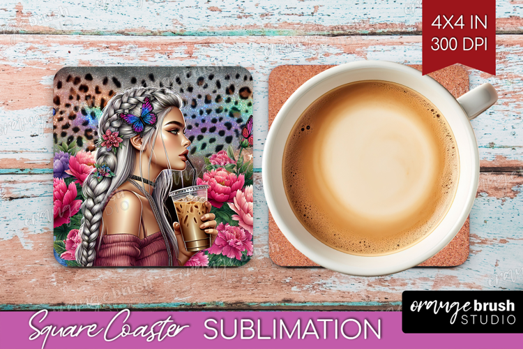 Floral Girl Square Coaster - Coffee Lover Coaster PNG