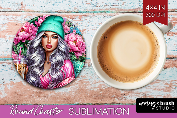 Floral Girl Round Coaster - Coffee Lover Coaster PNG