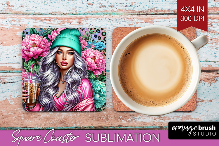 Floral Girl Square Coaster - Coffee Lover Coaster PNG
