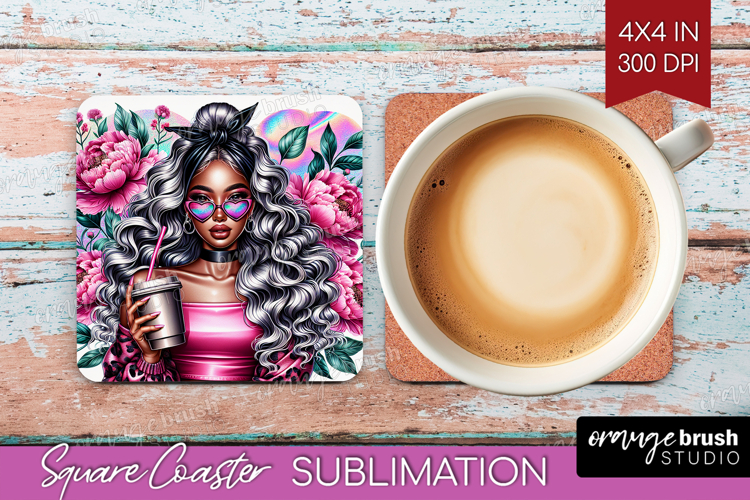 Floral Girl Square Coaster - Coffee Lover Coaster PNG