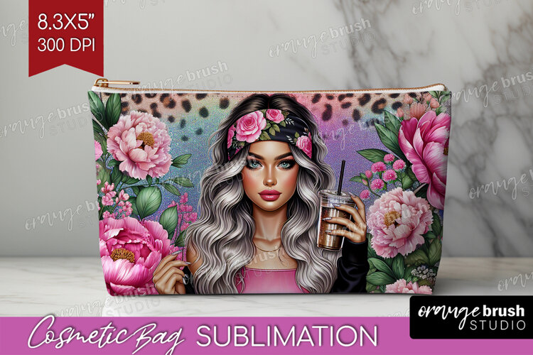 Floral Girl Cosmetic Bag - Coffee Lover Makeup Bag PNG example image 1