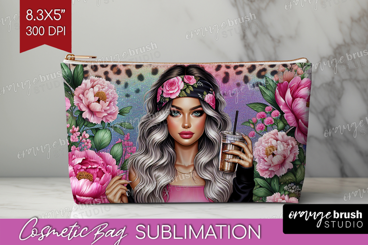 Floral Girl Cosmetic Bag - Coffee Lover Makeup Bag PNG