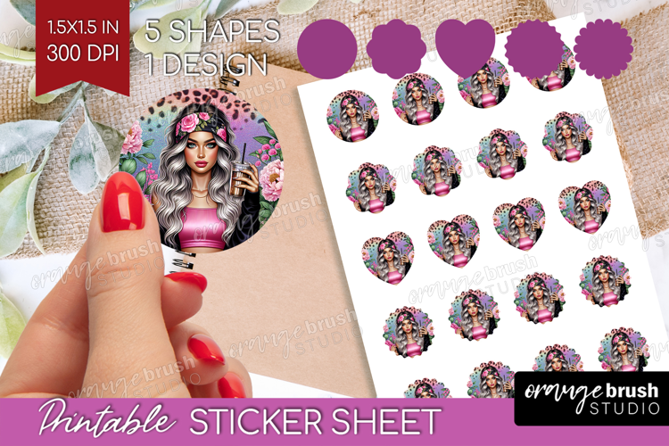 Floral Girl Round Sticker - Coffee Lover Printable Sticker