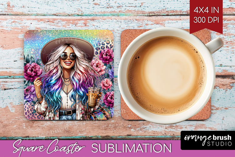 Floral Girl Square Coaster - Coffee Lover Coaster PNG