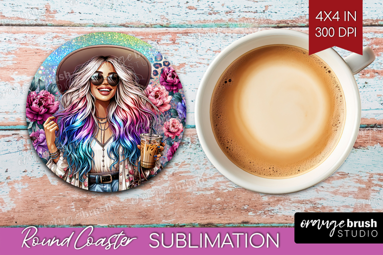 Floral Girl Round Coaster - Coffee Lover Coaster PNG