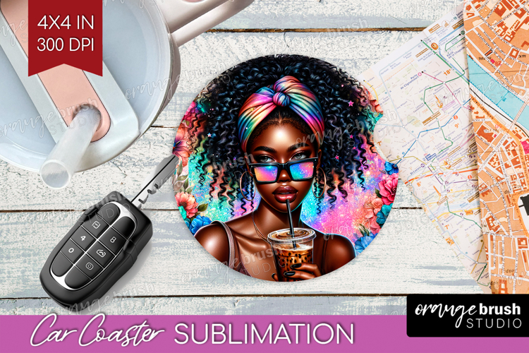 Floral Girl Car Coaster - Coffee Lover Coaster PNG